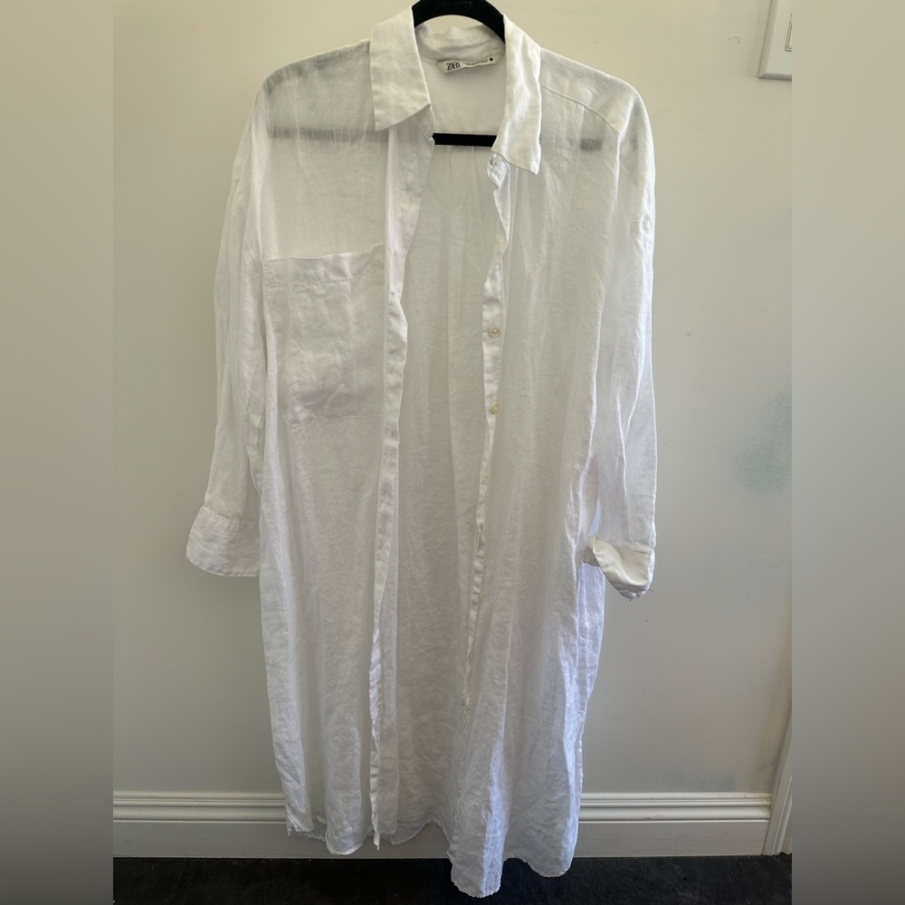 Zara 100% Linen Midi Shirt Dress Coverup